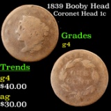 1839 Booby Head Coronet Head Large Cent 1c Grades g, good