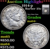 ***Auction Highlight*** 1914-p Barber Quarter 25c Graded ms64+ By SEGS (fc)
