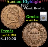 ***Auction Highlight*** 1833 Classic Head half cent 1/2c Graded ms64 bn By SEGS (fc)