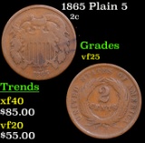 1865 Plain 5 Two Cent Piece 2c Grades vf+