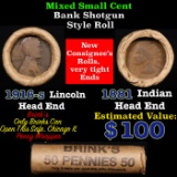 Mixed small cents 1c orig shotgun roll, 1916-s Wheat Cent, 1881 Indian Cent other end, Brinks Wrappe