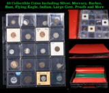 20 Collectible Coins Including Silver, Mercury, Barber, Bust, Flying Eagle, Indian, Large Cent, Proo