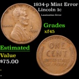 1934-p Lincoln Cent Mint Error 1c Grades xf+