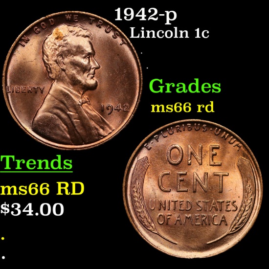 1942-p Lincoln Cent 1c Grades GEM+ Unc RD