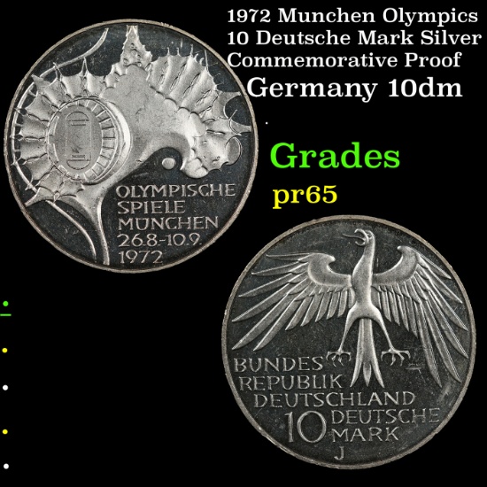 Proof 1972 Munchen Olympics 10 Deutsche Mark Silver Commemorative Proof Grades GEM Proof
