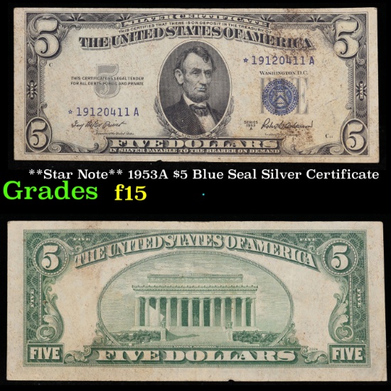 **Star Note** 1953A $5 Blue Seal Silver Certificate Grades f+