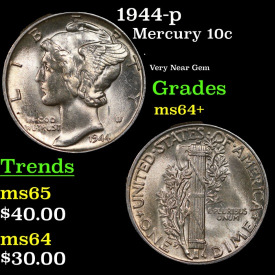 1944-p Mercury Dime 10c Grades Choice+ Unc