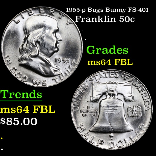 1955-p Bugs Bunny Franklin Half Dollar FS-401 50c Grades Choice Unc FBL