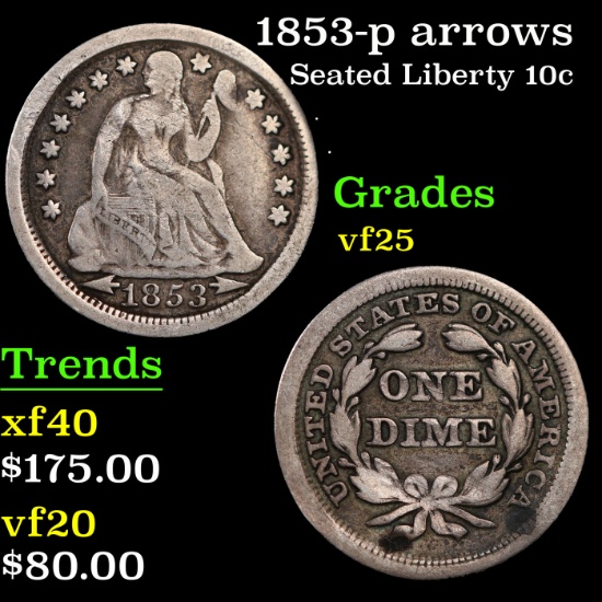 1853-p arrows  Seated Liberty Dime 10c Grades vf+