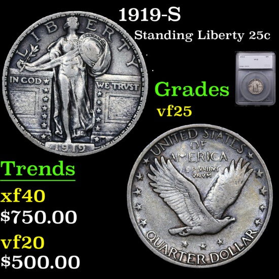1919-S Standing Liberty Quarter 25c Graded vf25 By SEGS