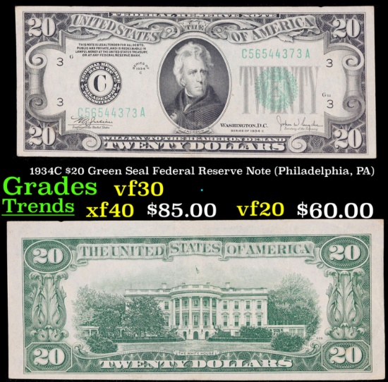 1934C $20 Green Seal Federal Reserve Note (Philadelphia, PA) Grades vf++