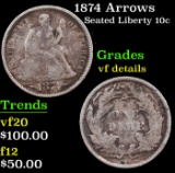 1874 Arrows Seated Liberty Dime 10c Grades vf details