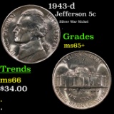 1943-d Jefferson Nickel 5c Grades GEM+ Unc