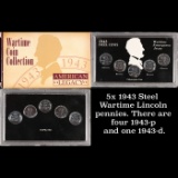 5x 1943 Steel Wartime Lincoln pennies. There are four 1943-p and one 1943-d.