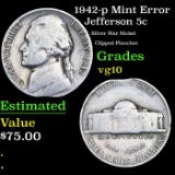 1942-p Jefferson Nickel Mint Error  5c Grades vg+