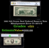 1981 $20 Green Seal Federal Reserve Note - Misalignment Error Fr-2073-B Grades vf+