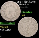 1867 No Rays Shield Nickel 5c Grades g+