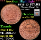 ***Auction Highlight*** 1828 13 STARS Classic Head half cent 1/2c Graded ms63+ RD By SEGS (fc)
