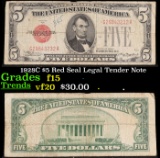 1928C $5 Red Seal Legal Tender Note  Grades f+