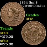 1834 Sm 8 Coronet Head Large Cent 1c Grades xf