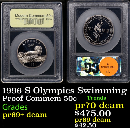 Proof 1996-S Olympics Swimming Modern Commem Half Dollar 50c Graded pr69+ dcam By USCG