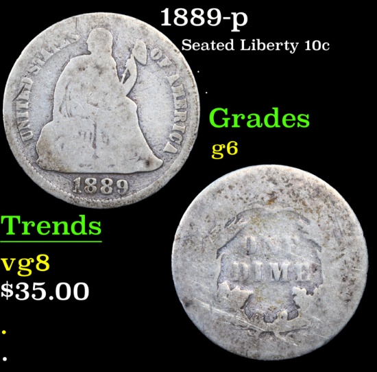 1889-p Seated Liberty Dime 10c Grades g+