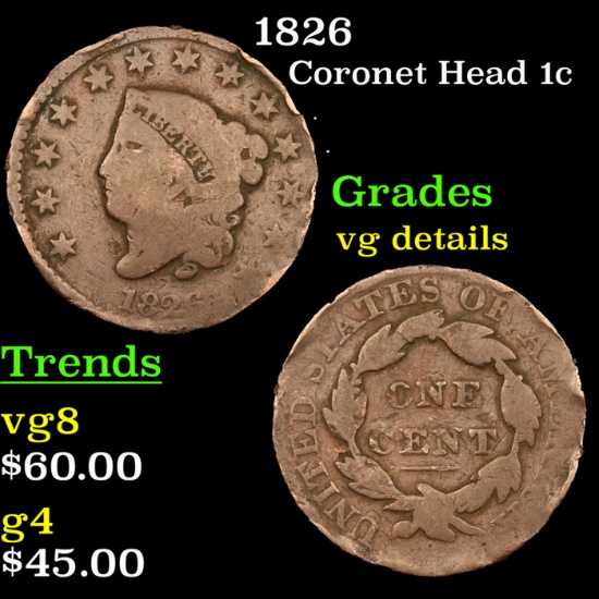 1826 Coronet Head Large Cent 1c Grades vg details
