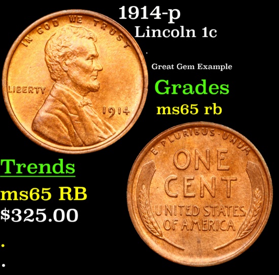 1914-p Lincoln Cent 1c Grades GEM Unc RB
