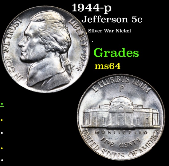 1944-p Jefferson Nickel 5c Grades Choice Unc