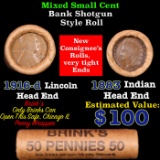 Mixed small cents 1c orig shotgun roll, 1916-d Wheat Cent, 1883 Indian Cent other end, Brinks Wrappe
