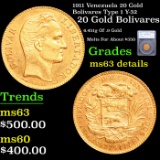 1911 Venezuela 20 Gold Bolivares Type 1 Y-32 Graded ms63 details By SEGS