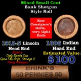 Mixed small cents 1c orig shotgun roll, 1918-s Wheat Cent, 1896 Indian Cent other end, Brinks Wrappe