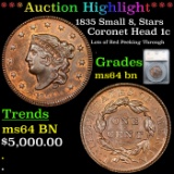 ***Auction Highlight*** 1835 Small 8, Stars Coronet Head Large Cent 1c Graded ms64 bn By SEGS (fc)