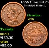 1855 Slanted 5 Braided Hair Large Cent 1c Grades xf+