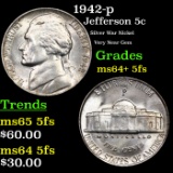 1942-p Jefferson Nickel 5c Grades Choice Unc+ 5fs