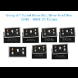 Group of 7 United States Mint SILVER Proof Sets 1992-1998 35 coins In Original Goverment Packaging