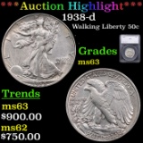 ***Auction Highlight*** 1938-d Walking Liberty Half Dollar 50c Graded ms63 By SEGS (fc)