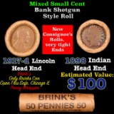 Mixed small cents 1c orig shotgun roll, 1917-d Wheat Cent, 1898 Indian Cent other end, Brinks Wrappe