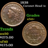 1838 Coronet Head Large Cent 1c Grades xf++