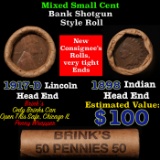 Mixed small cents 1c orig shotgun roll, 1917-d Wheat Cent, 1898 Indian Cent other end, Brinks Wrappe