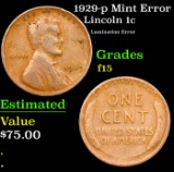 1929-p Lincoln Cent Mint Error 1c Grades f+