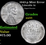 1943-p Lincoln Cent Mint Error 1c Grades Choice AU