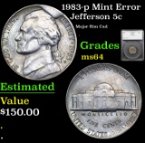 1983-p Jefferson Nickel Mint Error 5c Graded ms64 By SEGS