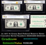 PCGS 3x 1977 $1 Green Seal Federal Reserve Notes Concutive Serial Numbers 00294409-00294411 Graded a