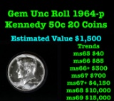 Full Roll Of 1964-p Silver Kennedy Half Dollars 50c 20 Coins