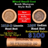 Mixed small cents 1c orig shotgun roll, 1919-d Wheat Cent, 1897 Indian Cent other end, Brinks Wrappe