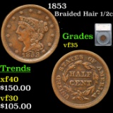 1853 Braided Hair Half Cent 1/2c Graded vf35 By SEGS