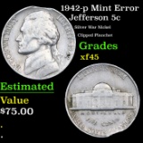 1942-p Jefferson Nickel Mint Error 5c Grades xf+