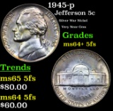 1945-p Jefferson Nickel 5c Grades Choice Unc+ 5fs