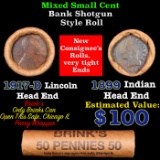 Mixed small cents 1c orig shotgun roll, 1917-d Wheat Cent, 1899 Indian Cent other end, Brinks Wrappe